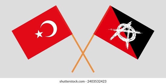 Crossed flags of Turkiye and anarchy. Official colors. Correct proportion. Vector illustration
