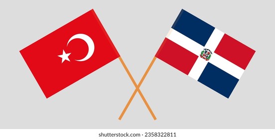 Crossed flags of Turkiye and Dominican Republic. Official colors. Correct proportion. Vector illustration
