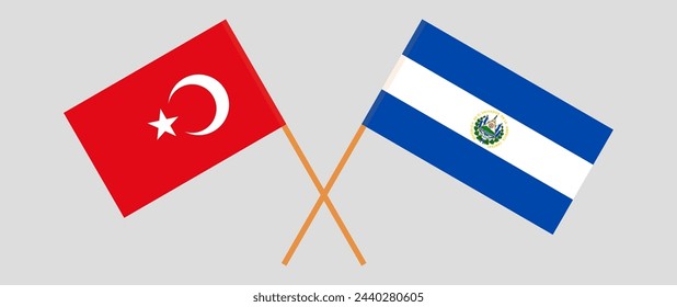 Crossed flags of Turkiye and El Salvador. Official colors. Correct proportion. Vector illustration
