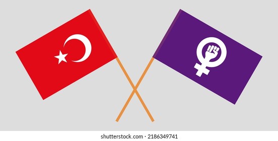 Crossed flags of Turkiye and Feminism. Official colors. Correct proportion. Vector illustration
