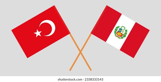 Crossed flags of Turkiye and Peru. Official colors. Correct proportion. Vector illustration
