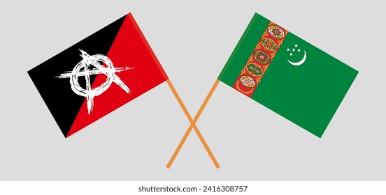 Crossed flags of Turkmenistan and anarchy. Official colors. Correct proportion. Vector illustration
