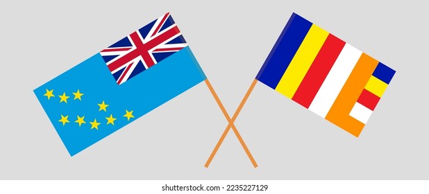 Crossed flags of Tuvalu and Buddhism. Official colors. Correct proportion. Vector illustration
