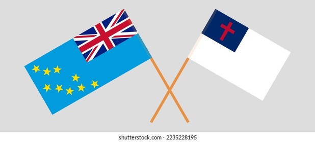 Crossed flags of Tuvalu and christianity. Official colors. Correct proportion. Vector illustration
