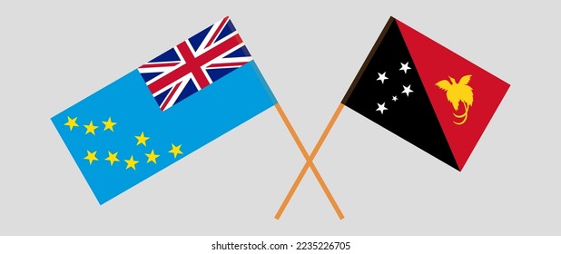 Crossed flags of Tuvalu and Papua New Guinea. Official colors. Correct proportion. Vector illustration
