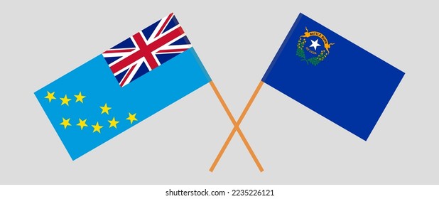 Crossed flags of Tuvalu and The State of Nevada. Official colors. Correct proportion. Vector illustration
