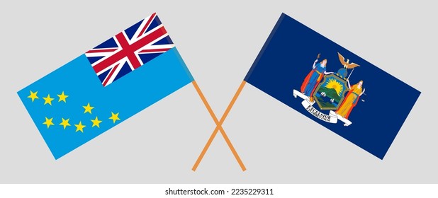 Crossed flags of Tuvalu and The State of New York. Official colors. Correct proportion. Vector illustration
