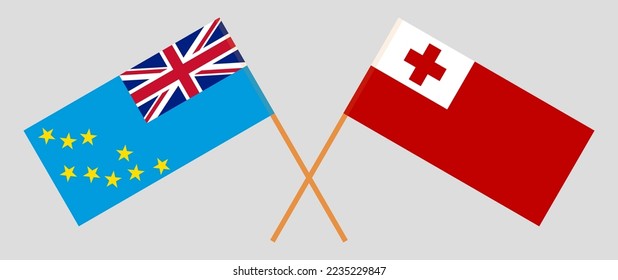 Crossed flags of Tuvalu and Tonga. Official colors. Correct proportion. Vector illustration
