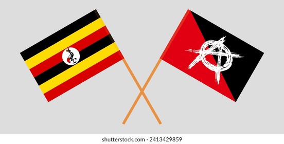 Crossed flags of Uganda and anarchy. Official colors. Correct proportion. Vector illustration
