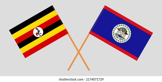 Crossed flags of Uganda and Belize. Official colors. Correct proportion. Vector illustration