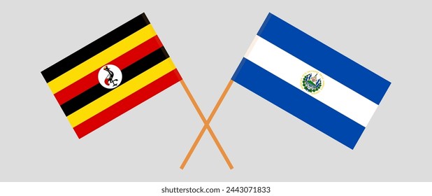 Crossed flags of Uganda and El Salvador. Official colors. Correct proportion. Vector illustration
