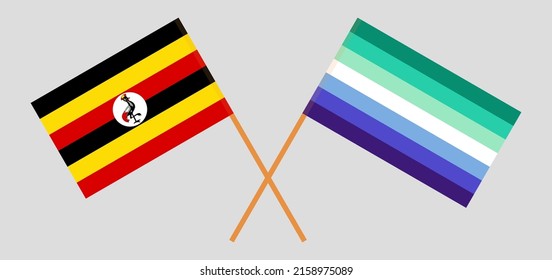 Crossed flags of Uganda and gay men pride. Official colors. Correct proportion. Vector illustration
