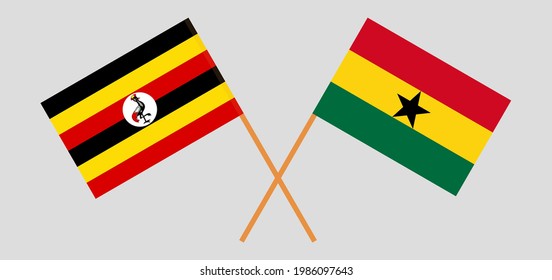 Gekreuzte Flaggen Ugandas und Ghanas. Offizielle Farben. Richtiger Anteil