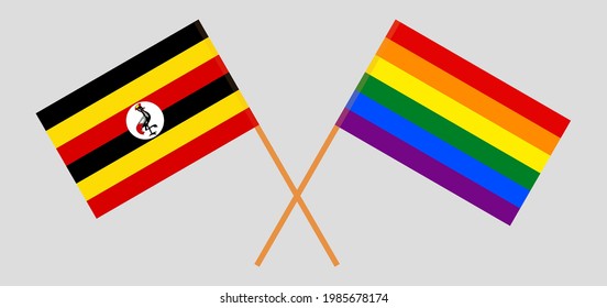 Crossed flags of Uganda and LGBTQ. Official colors. Correct proportion