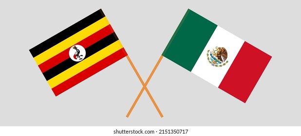 Crossed flags of Uganda and Mexico. Official colors. Correct proportion. Vector illustration
