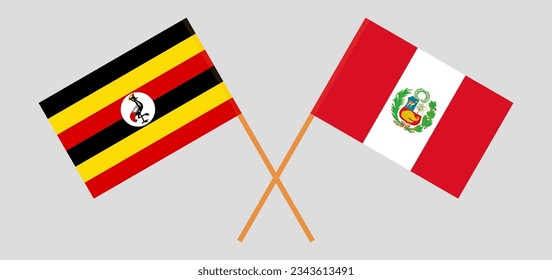 Crossed flags of Uganda and Peru. Official colors. Correct proportion. Vector illustration
