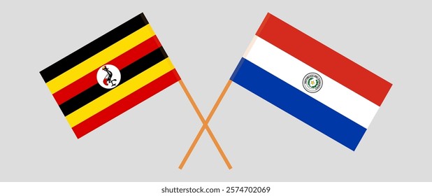 Crossed flags of Uganda and Republic of Paraguay. Official colors. Correct proportion. Vector illustration.
