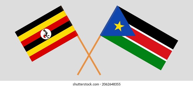 Crossed flags of Uganda and South Sudan. Official colors. Correct proportion