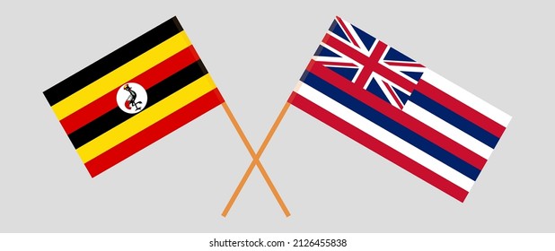 Banderas cruzadas de Uganda y el estado de Hawaii. Colores oficiales. Proporción correcta. Ilustración del vector
