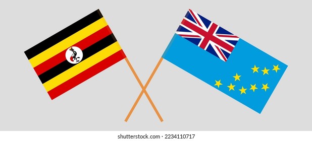 Banderas cruzadas de Uganda y Tuvalu. Colores oficiales. Proporción correcta. Ilustración del vector
