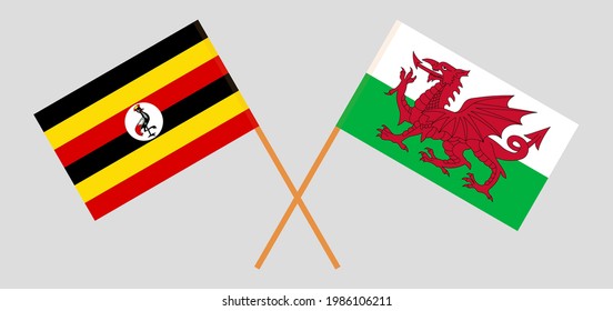 Crossed flags of Uganda and Wales. Official colors. Correct proportion