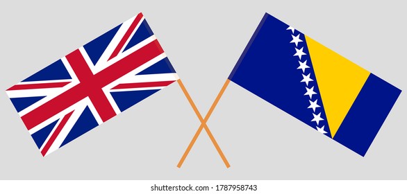 Crossed flags of the UK and Bosnia and Herzegovina. Official colors. Correct proportion. Vector illustration
