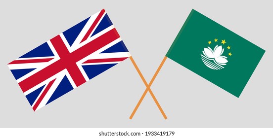 Crossed flags of the UK and Macau. Official colors. Correct proportion