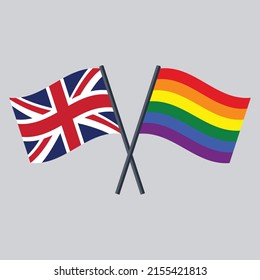 Crossed flags of UK and Pride movement. United Kingdom and Rainbow flag Isolated on light background.