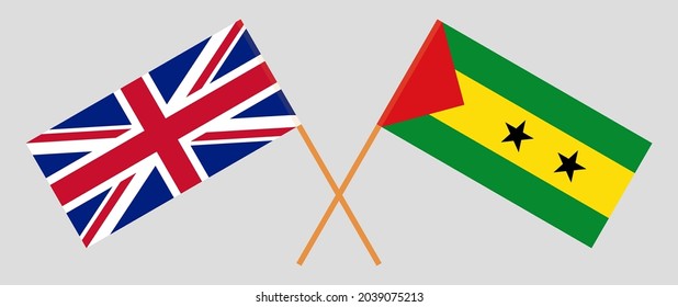 Crossed flags of the UK and Sao Tome and Principe. Official colors. Correct proportion