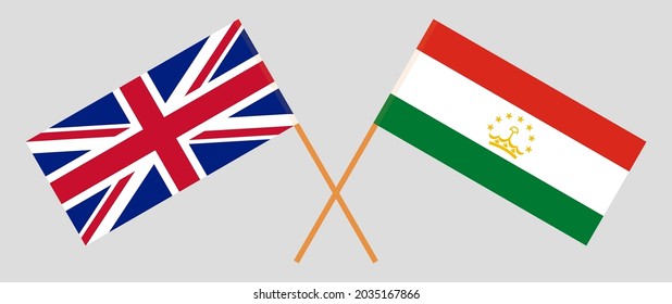 Crossed flags of the UK and Tajikistan. Official colors. Correct proportion