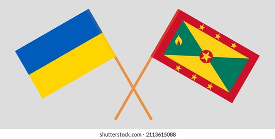 Crossed flags of Ukraine and Grenada. Official colors. Correct proportion. Vector illustration
