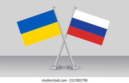 Crossed flags of Ukraine and Russia. Official colors. Correct proportion. Banner design