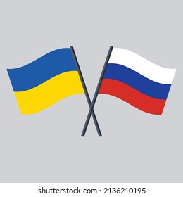 Crossed flags of Ukraine and Russia on pole. Vector icon flat design isolated on light background.