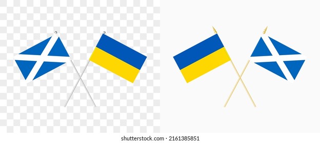 Crossed flags of Ukraine and Scotland. Pennant angle 28 degrees. Options with different shapes of flagpoles and colors - silver and gold. Example of bannerette on a transparent background. Vector