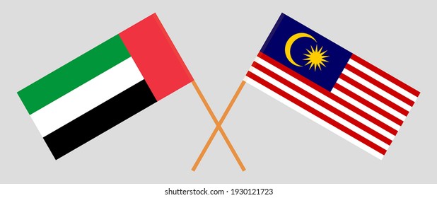 Crossed flags of the United Arab Emirates and Malaysia. Official colors. Correct proportion