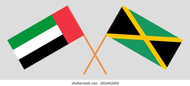 Crossed flags of the United Arab Emirates and Jamaica. Official colors. Correct proportion