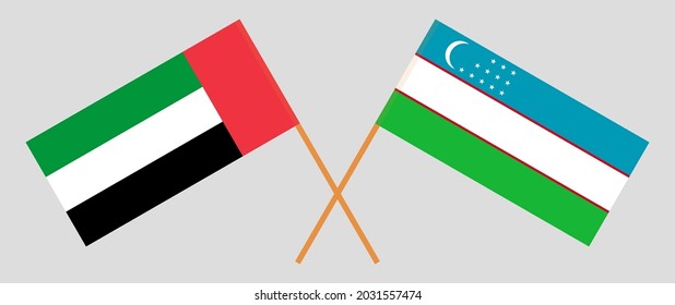 Crossed flags of the United Arab Emirates and Uzbekistan. Official colors. Correct proportion