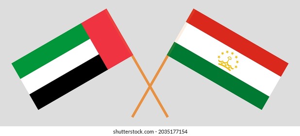 Crossed flags of the United Arab Emirates and Tajikistan. Official colors. Correct proportion