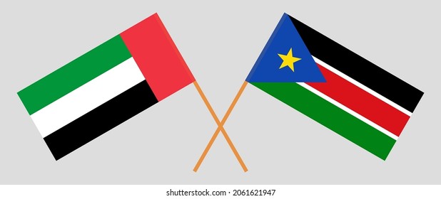 Crossed flags of the United Arab Emirates and South Sudan. Official colors. Correct proportion
