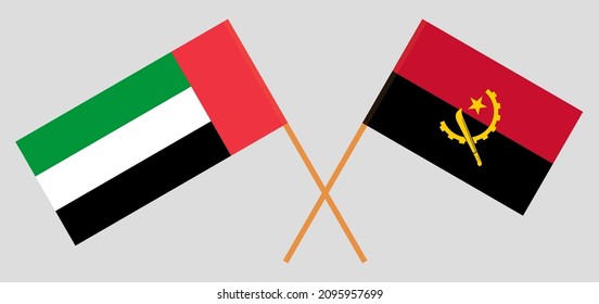 Banderas cruzadas de los Emiratos Árabes Unidos y Angola. Colores oficiales. Proporción correcta. Ilustración del vector
