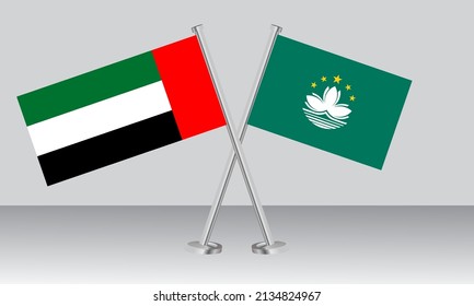 Crossed flags of United Arab Emirates (UAE) and Macau. Official colors. Correct proportion. Banner design