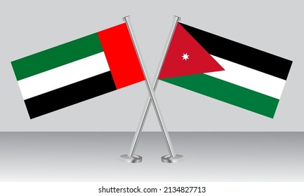 Crossed flags of United Arab Emirates (UAE) and Jordan. Official colors. Correct proportion. Banner design