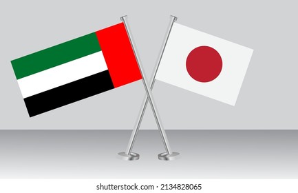 Gekreuzte Flaggen der Vereinigten Arabischen Emirate (VAE) und Japans. Offizielle Farben. Richtiger Anteil. Banner-Design