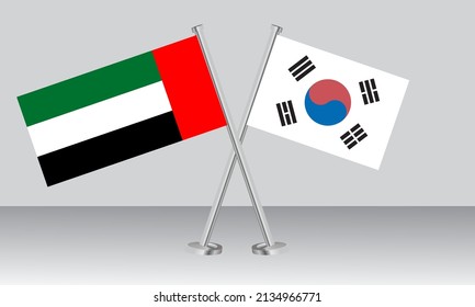 Crossed flags of United Arab Emirates (UAE) and South Korea. Official colors. Correct proportion. Banner design