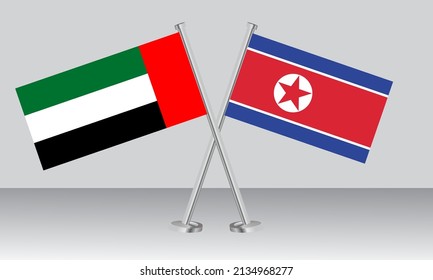 Banderas cruzadas de Emiratos Árabes Unidos (EAU) y Corea del Norte. Colores oficiales. Proporción correcta. Diseño de pancartas