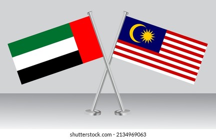 Gekreuzte Flaggen der Vereinigten Arabischen Emirate (VAE) und Malaysias. Offizielle Farben. Richtiger Anteil. Banner-Design
