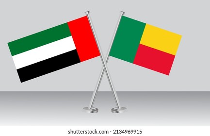 Crossed flags of United Arab Emirates (UAE) and Benin. Official colors. Correct proportion. Banner design