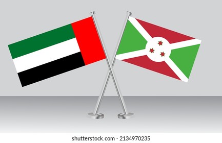 Crossed flags of United Arab Emirates (UAE) and Burundi. Official colors. Correct proportion. Banner design