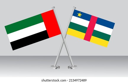 Banderas cruzadas de Emiratos Árabes Unidos (EAU) y República Centroafricana. Colores oficiales. Proporción correcta. Diseño de pancartas
