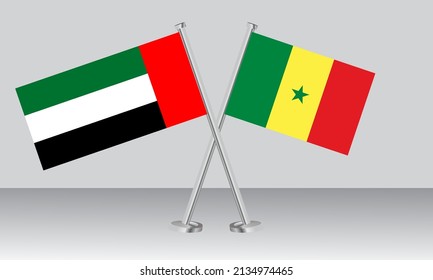 Banderas cruzadas de Emiratos Árabes Unidos (EAU) y Senegal. Colores oficiales. Proporción correcta. Diseño de pancartas